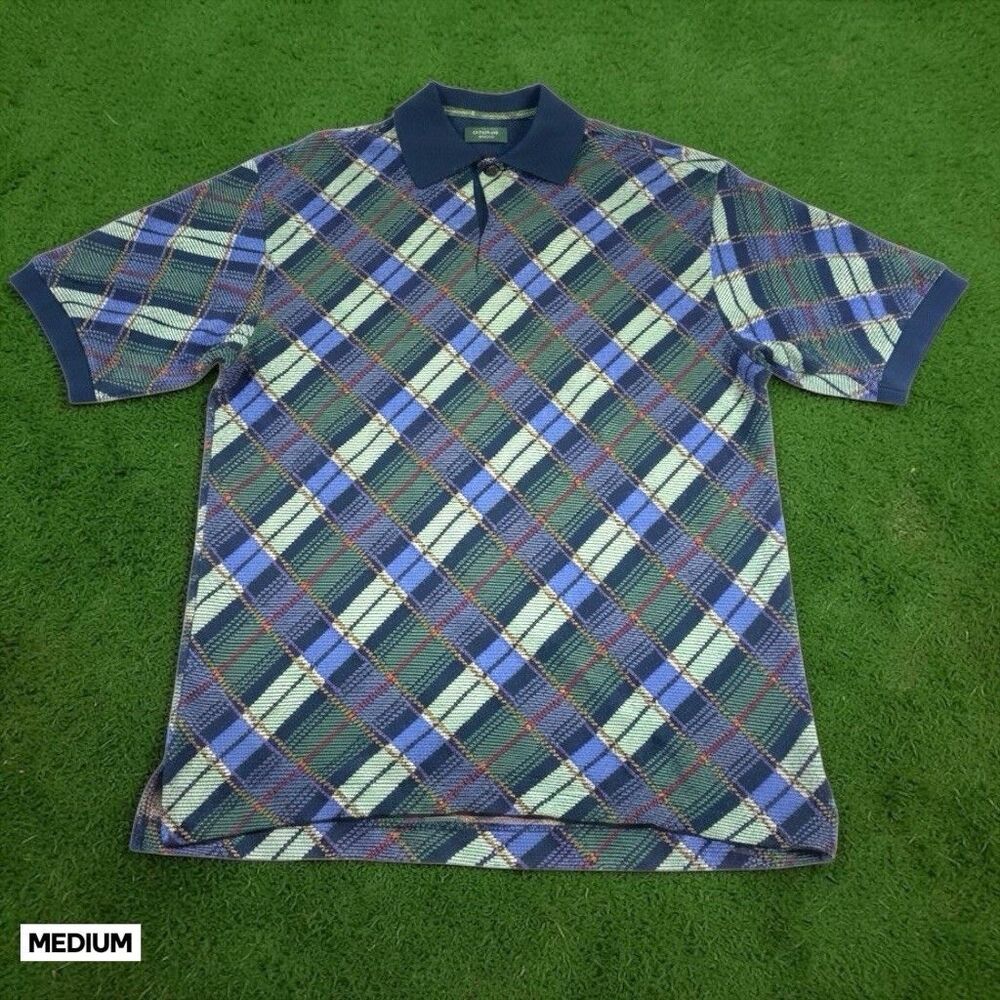 Vintage 90’s Dockers Golf Polo Shirt Mens MED Tartan Plaid Green Terry Cloth